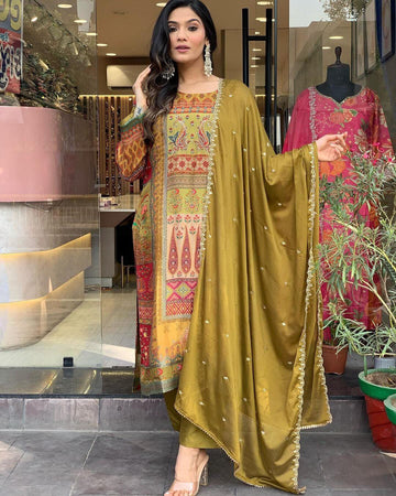 Multi Colour Original Mirror & Zari Handwork Kurta With Bottom & Dupatta Set